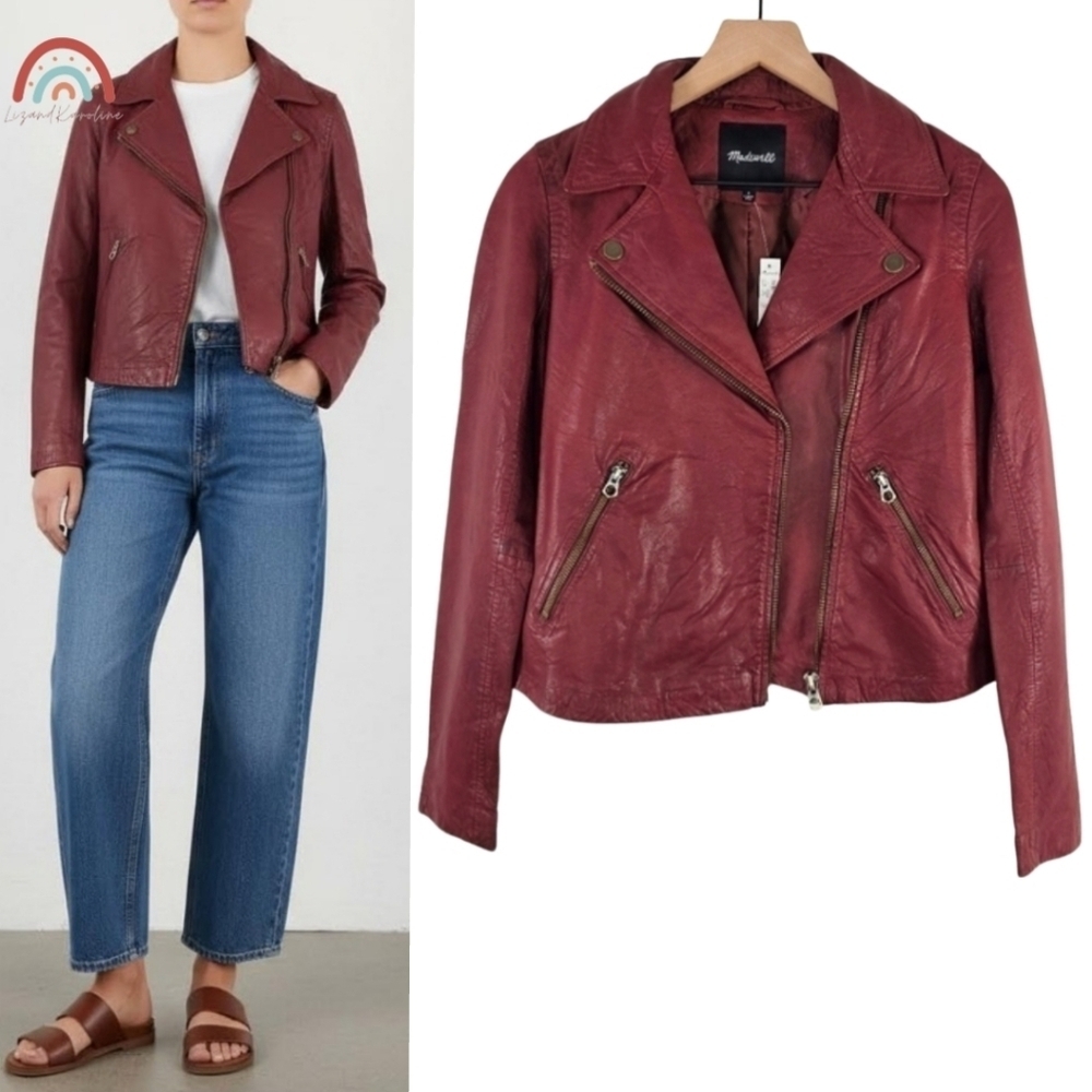 Madewell Washed Leather Motorcycle Jacket Brass Hardware Edition Dusty Redwood